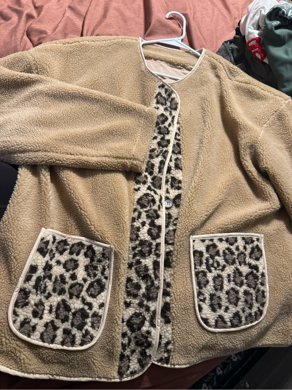 Beige Sherpa Jacket with Leopard Trim